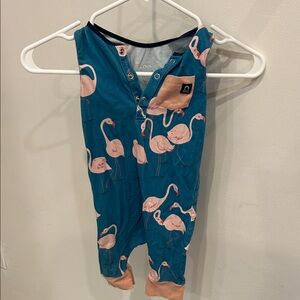 Rags to Raches Teal Romper with Pink Flamingos